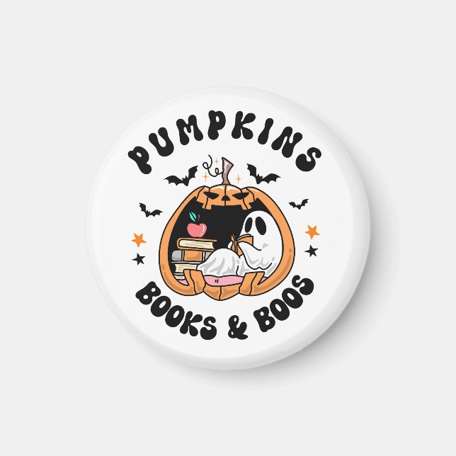 Bookworm Cute Ghost Pumpkins Bokar & Boos Magnet (Framsidan)