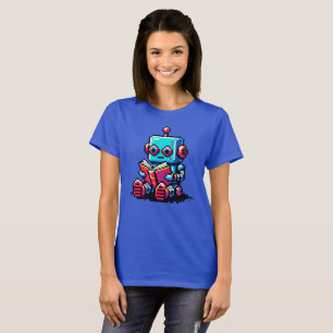 Bookworm Robot - Pixel Art Sci-Fi Reading Design T Shirt
