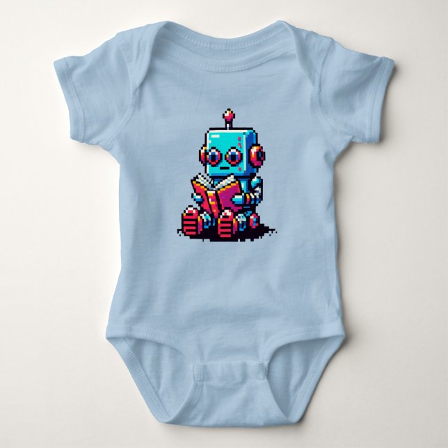 Bookworm Robot - Pixel Art Sci-Fi Reading Design T Shirt (Framsida)