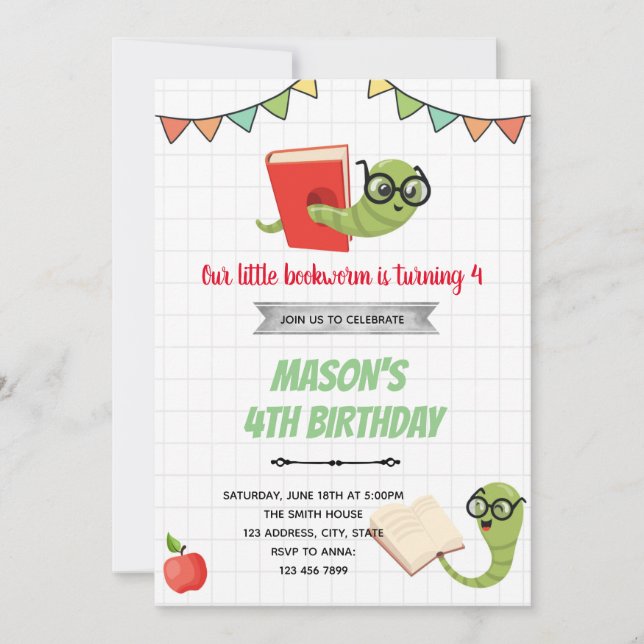 Bookworms Birthday-inbjudan Julkort (Framsida)