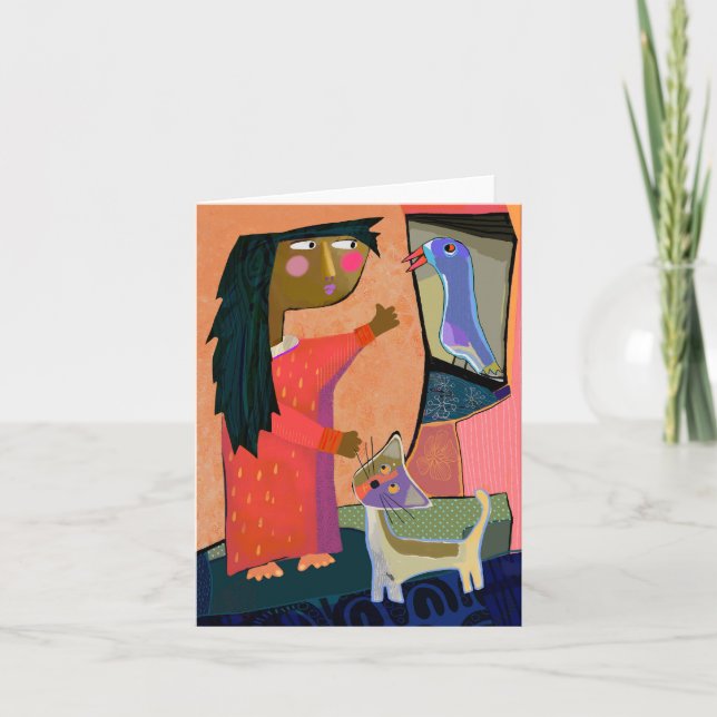 Boolos Girl, Cat och Bird BLANK Greeting Card Tack Kort (Framsida)