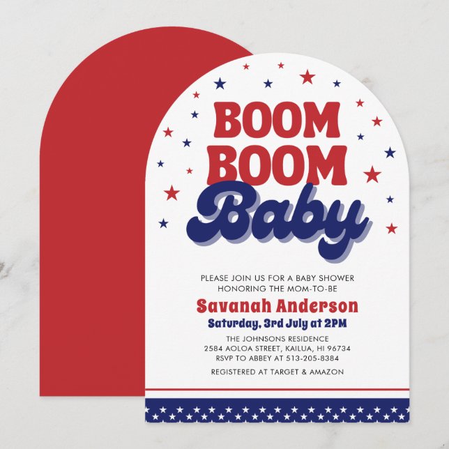 Boom Boom Baby 4:e juli Patriotic Baby Shower Inbjudningar (Fram/baksida)