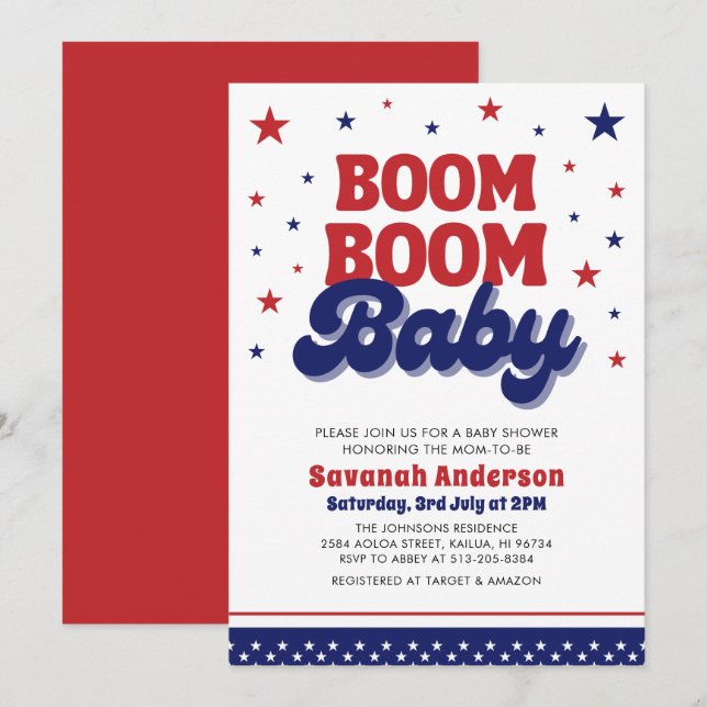 Boom Boom Baby 4:e juli Patriotic Baby Shower Inbjudningar (Fram/baksida)