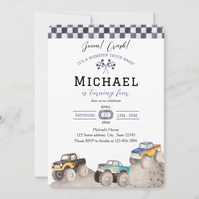 Boom Crash Monster Truck Bash Invite Inbjudningar (Framsida)