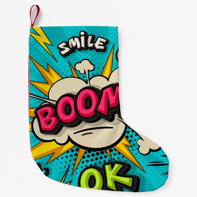 Boom pop-art-molnbubbla. Smile, wow, pow, coola,  Liten Julstrumpa (Framsidan)