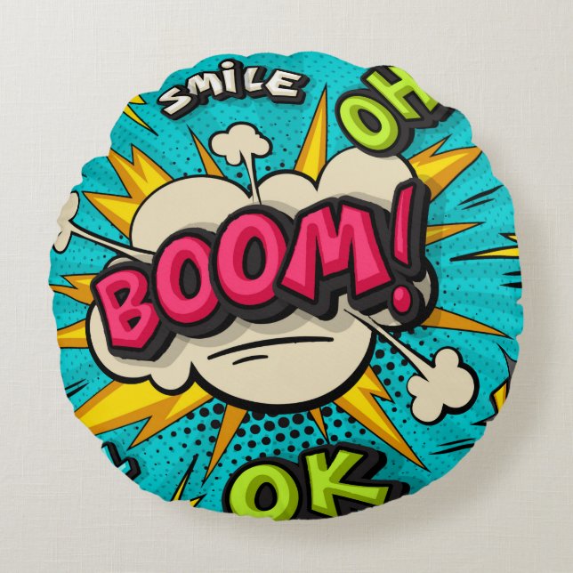 Boom pop-art-molnbubbla. Smile, wow, pow, coola,  Rund Kudde (Framsidan)