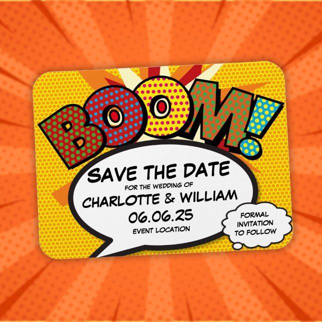 BOOM Spara datumet Rolig serietidning Modern Magnet (BOOM Save the Date Fun Comic Book Modern Magnet)