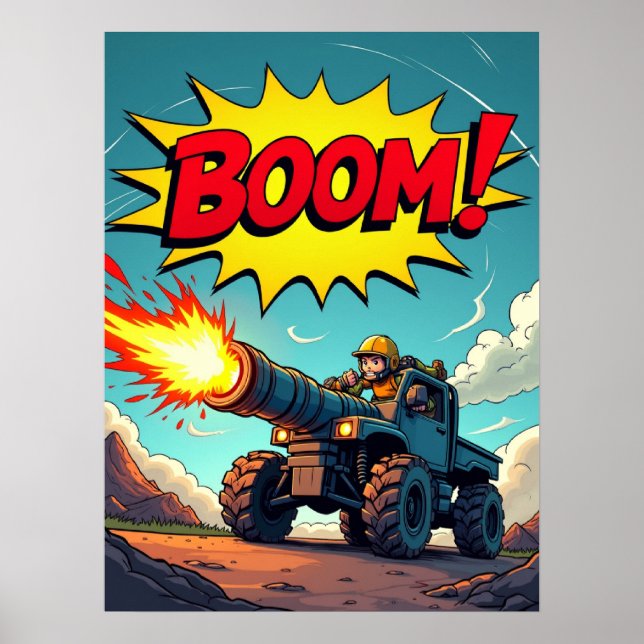 BOOM! Tecknad Lastbil Cannon Pop Art Explosion Pos Poster (Framsidan)