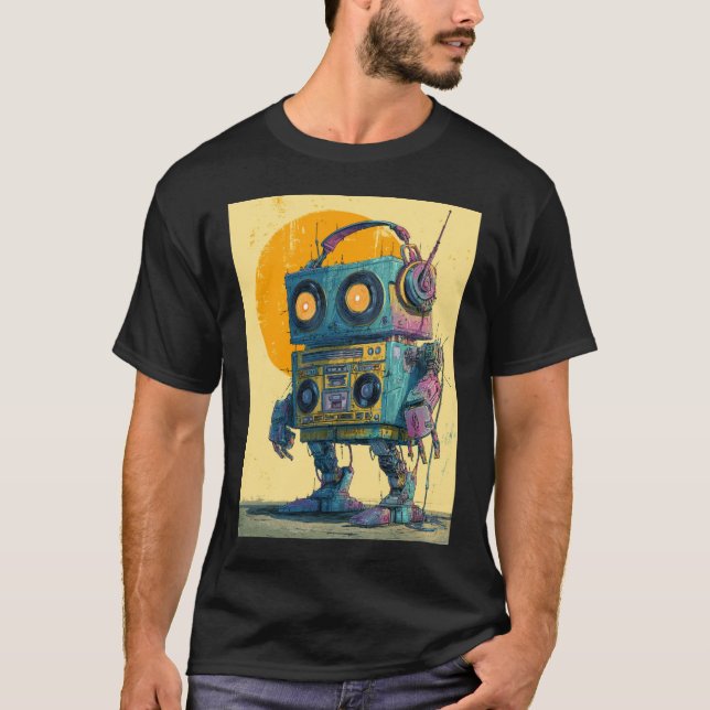 Boombox Bot Wanderer — Grunge Retro Mech  T Shirt (Framsida)