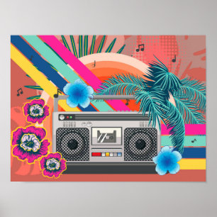 Boombox med tropiska löv och blommor poster