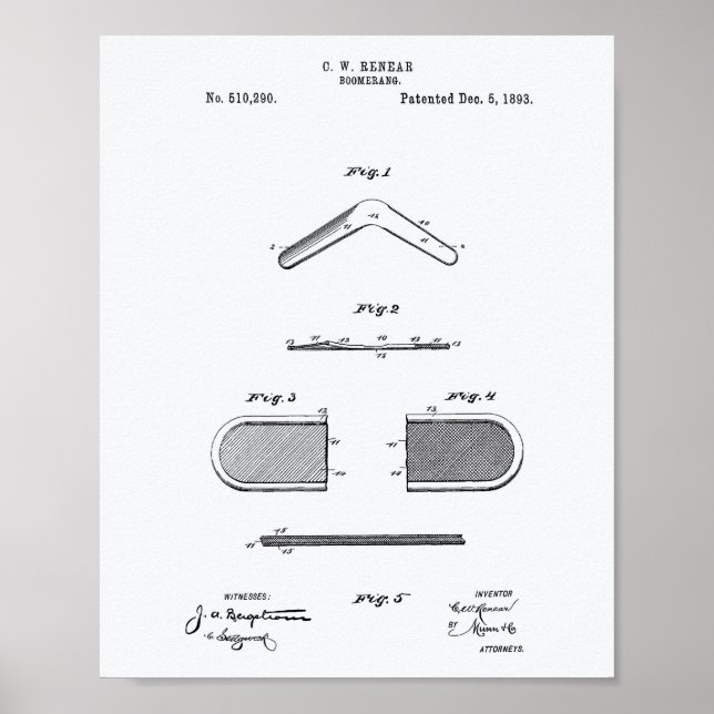 Boomerang 1893 Patent Art White Papper Poster (Framsidan)