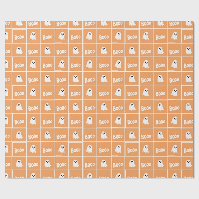 Booo Spöken Orange Rutig Halloween Mönster Presentpapper (Platt)