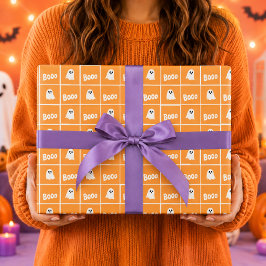 Booo Spöken Orange Rutig Halloween Mönster Presentpapper