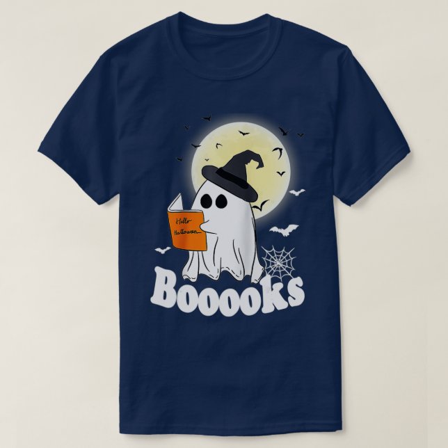 Boooks Boo Ghost Reading Måne Pumpkin Halloween Bo T Shirt (Design framsida)
