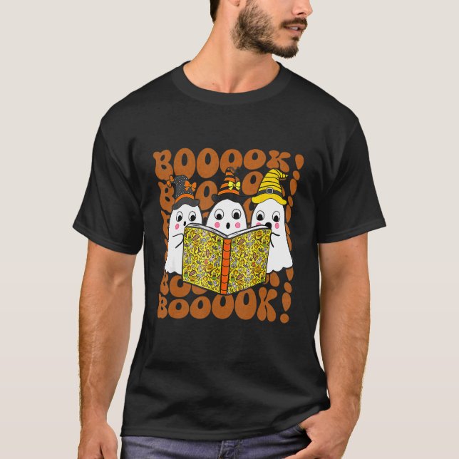 Boooks Cute Ghost Boo Reading Bokar Halloween Lib T Shirt (Framsida)