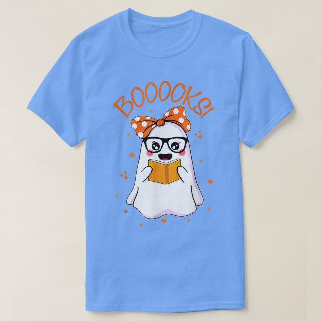 Boooks Cute Ghost Reading Bibliotek Bokar Hallowee T Shirt (Design framsida)
