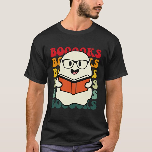 Boooks Cute Ghost Reading Bibliotek Bokar Hallowee T Shirt (Framsida)