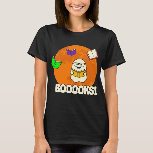 Boooks Ghost Reading Bokar Funny T Shirt (Framsida)