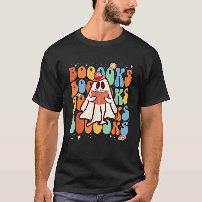 Boooks Groovy Cute Ghost Bok Retro Reading Hallo T Shirt (Framsida)