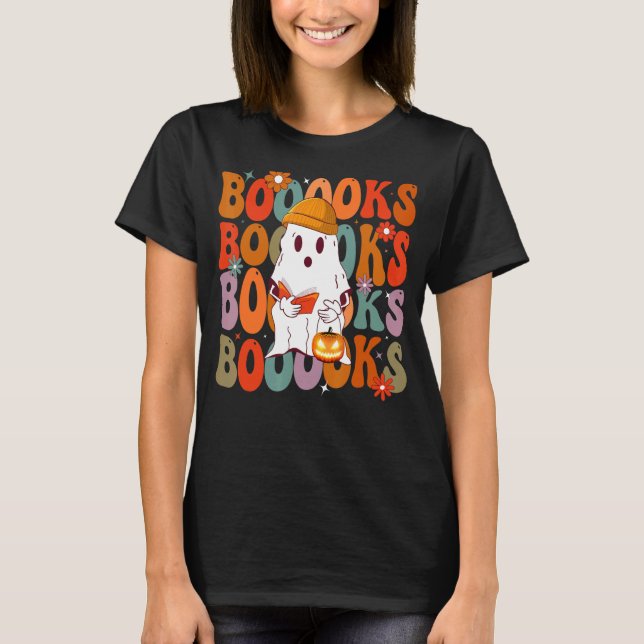 Boooks Groovy Cute Ghost Bok Retro Reading Hallo T Shirt (Framsida)