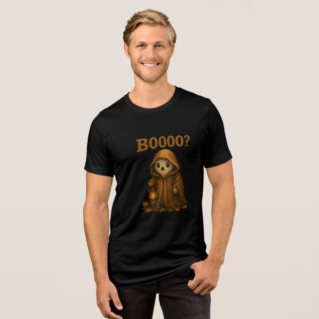 Boooo? Cute Ghost in Cloak with Lantern T Shirt (Framsida Full)