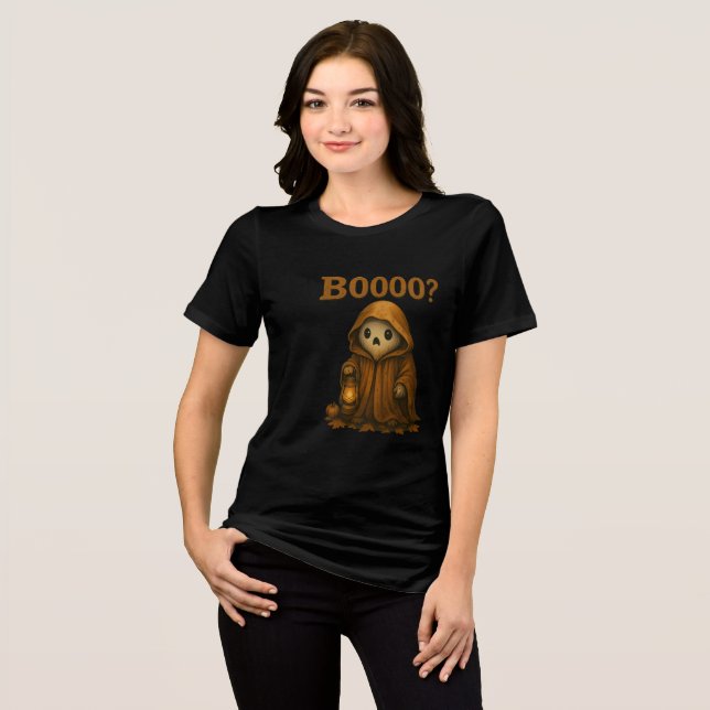 Boooo? Cute Ghost in Cloak with Lantern T Shirt (Framsida Full)