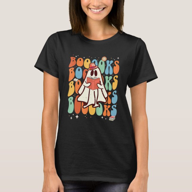 Booooks Groovy Söt Spökbok Retro Läsning Hej T Shirt (Framsida)