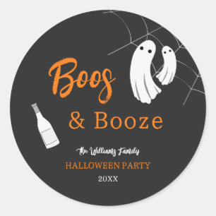 Boos & Booze Halloween Orange & Svart Inbjudan Runt Klistermärke