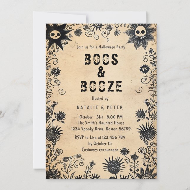 Boos & Booze I Spooky Flowers Halloweenfesten Inbjudningar (Framsida)