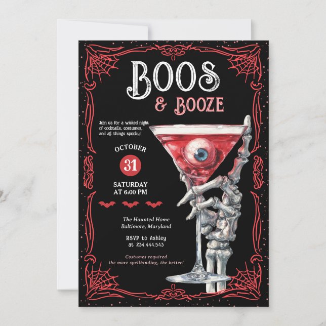 Boos & Booze Red Spooky Costume Halloween Party Inbjudningar (Framsida)