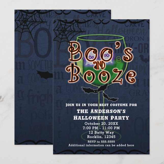 Boos & Booze Spöken & Fladdermöss Halloween Kostym Inbjudningar (Fram/baksida)