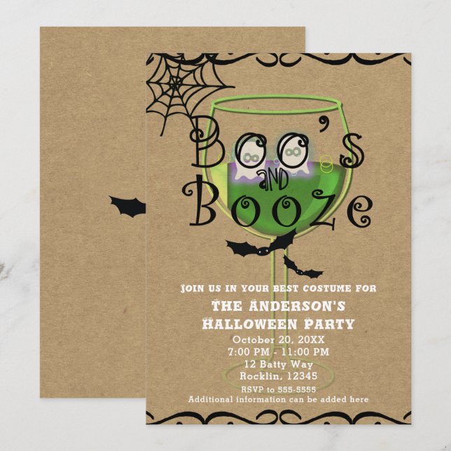 Boos & Booze Spöken & Fladdermöss Kraft Halloweenf Inbjudningar (Fram/baksida)