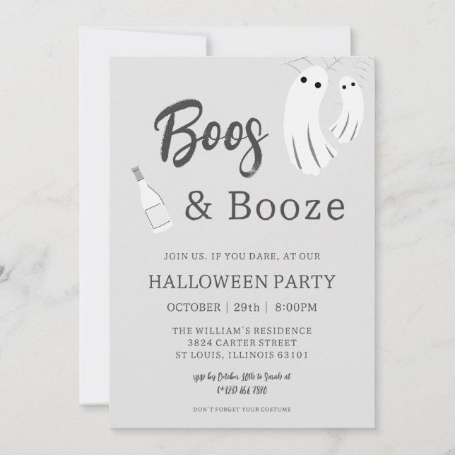 Boos & Booze Vuxen Halloween Grå Vit Inbjudan (Framsida)