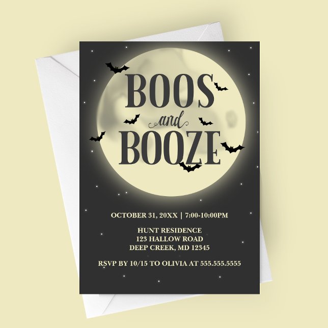 Boos och Sprit Full Moon Halloween fest Inbjudningar (Boos and Booze Full Moon with Bats Halloween Party Invitation)