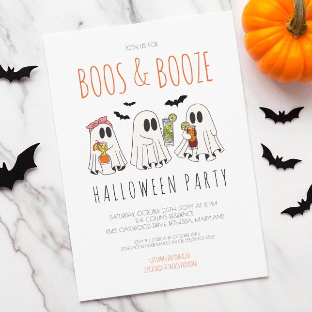 Boos och Sprit Funny Ghost Vuxen Halloween fest Inbjudningar (Boos and Booze Funny Ghost Adult Halloween Party Invitation)