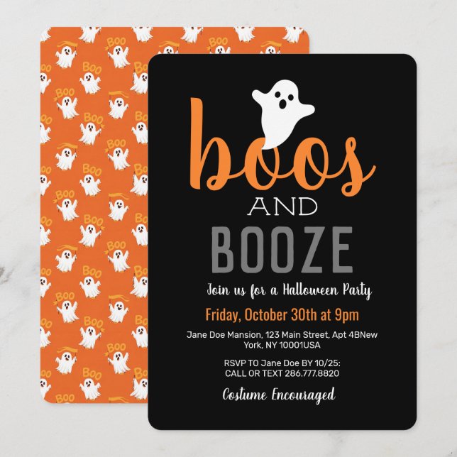 Boos och sprit Svart Orange Halloweenfest Inbjudningar (Fram/baksida)