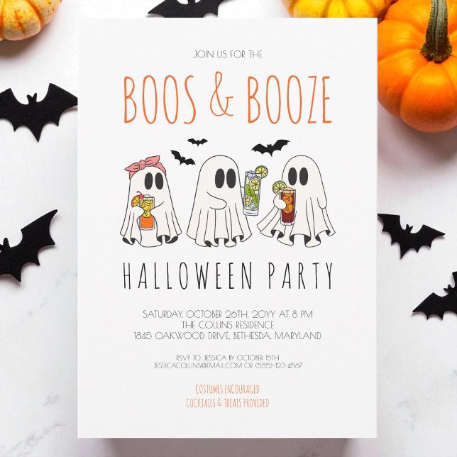 Boos och Sprit-taloky Ghost Vuxen Halloween fest Inbjudningar (Boos and Booze Spooky Ghost Adult Halloween Party Invitation)