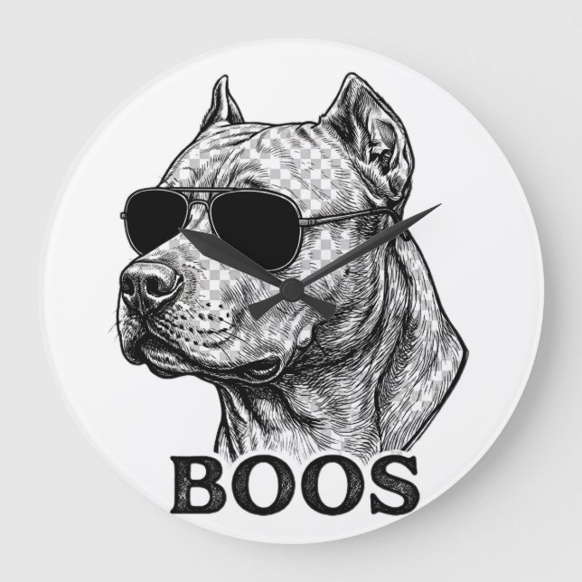 BOOS Pitbull med solglasögon bläckskiss Tatuering  Stor Klocka (Framsida)