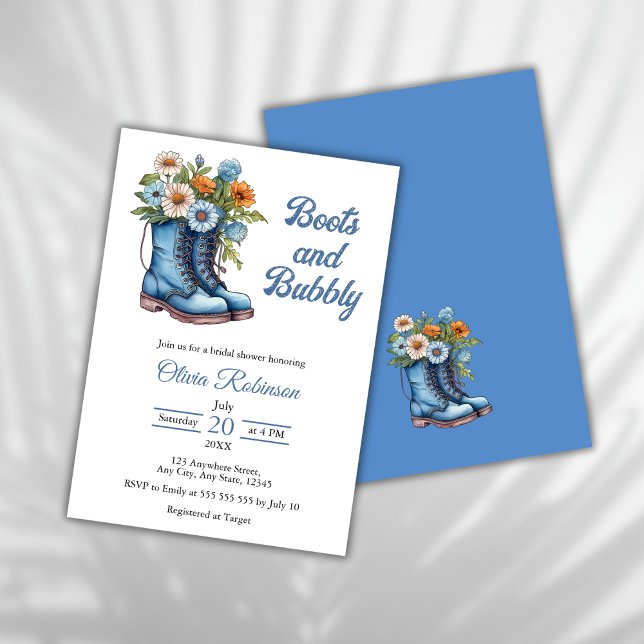 Boot & Bubly Western Cowgirl Blue-Möhippa Inbjudningar (Boots & Bubbly Western Cowgirl Blue Bridal Shower Invitation )