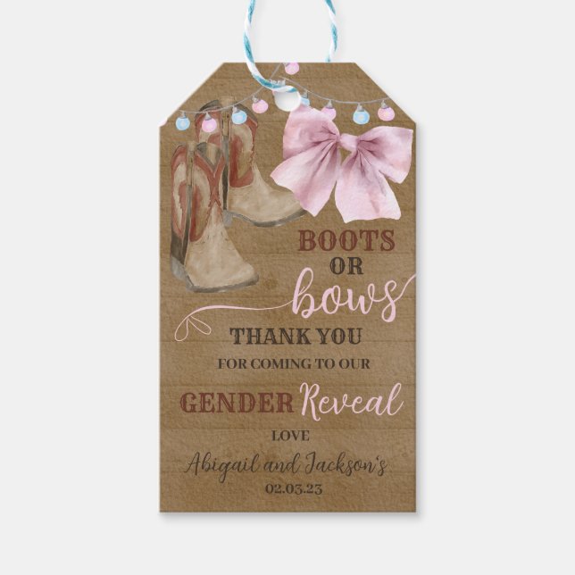 Boot eller bows Gift Märkre for Gender Reveal. Presentetikett (Framsidan)