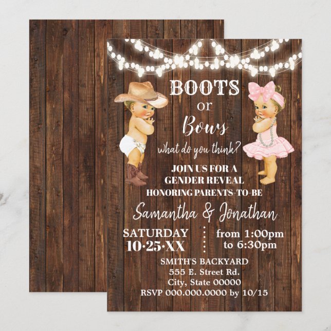 Boot eller Bows Rustic Land Gender Reveal Inbjudningar (Fram/baksida)