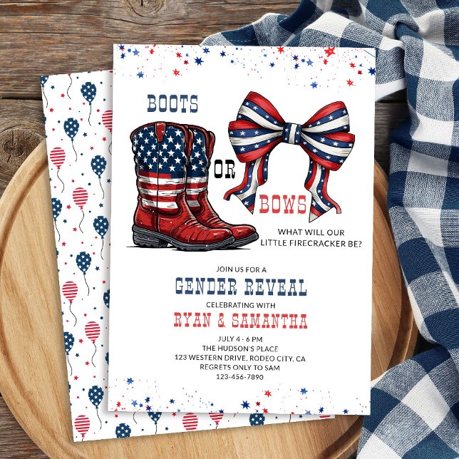 Boot eller Bows Western Rött vitt blått Gender Rev Inbjudningar (Western Cowboy Boots or Bows Red White and Blue Gender Reveal Invitation)
