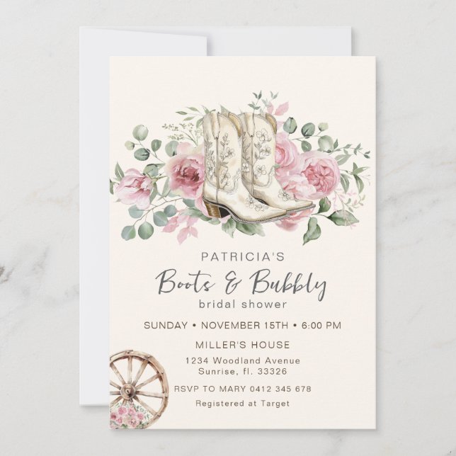 Boot och Bubly Rosa Cowgirl Möhippa Inbjudningar (Framsida)