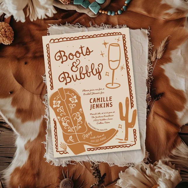 Boot och Möhippan Bubly Hand plockade Inbjudningar (Boots and Bubbly Hand Drawn Bridal Shower Invitation)