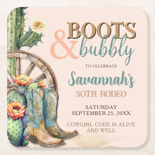 Boot och  Rosa Bubly Cactus Boots Underlägg Papper Kvadrat (Framsidan)