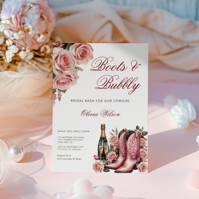 Boot och Western Möhippa för tuggbollar Inbjudningar (Boots And Bubbly Western Cowboy Bridal Shower Invitation, Brews & Bubbly Couples Shower Invitation)
