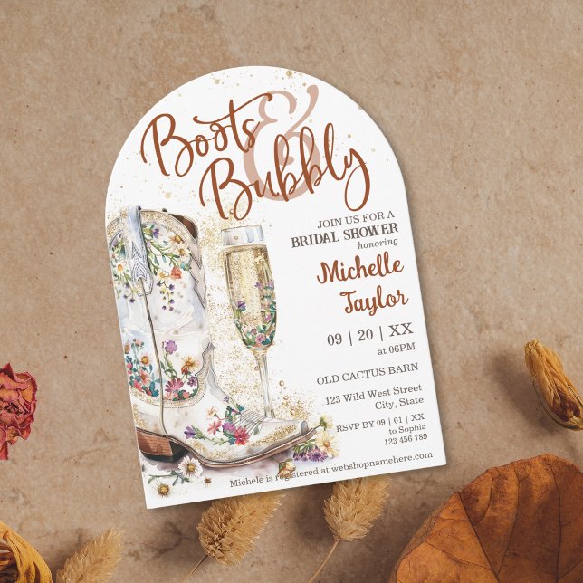 Boot och Westerna brons Vilda western Land Inbjudningar (boots and bubbly bridal shower invitation with cowboy boots with flowers and champagne glass)