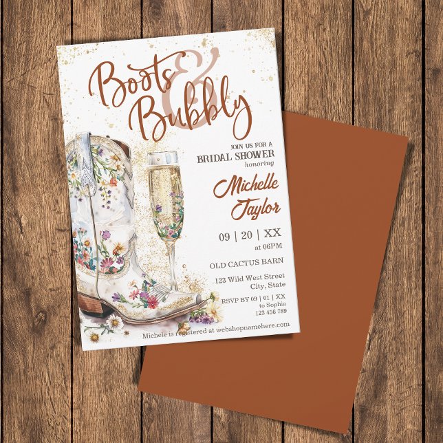 Boot och Westerna brons Vilda western Land Inbjudningar (boho terracotta cowgirl boots bridal shower)