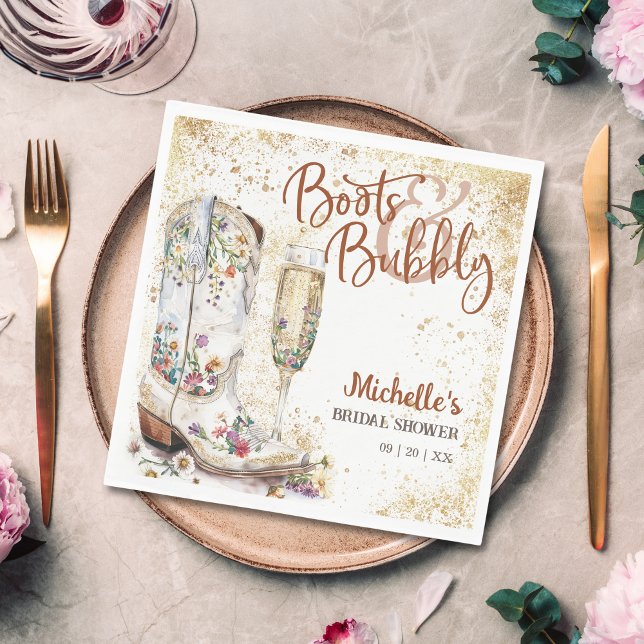 Boot och Westerna brons Vilda western Land Pappersservett (boots and bubbly bridal shower napkin with cowboy boots with flowers and champagne glass)