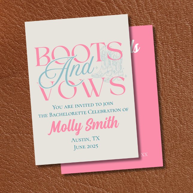 Booter och ängar - Western Bachelorette Inbjudningar (Boots and Vows invite with modern serif font – perfect for bachelorette or bridal celebrations!)
